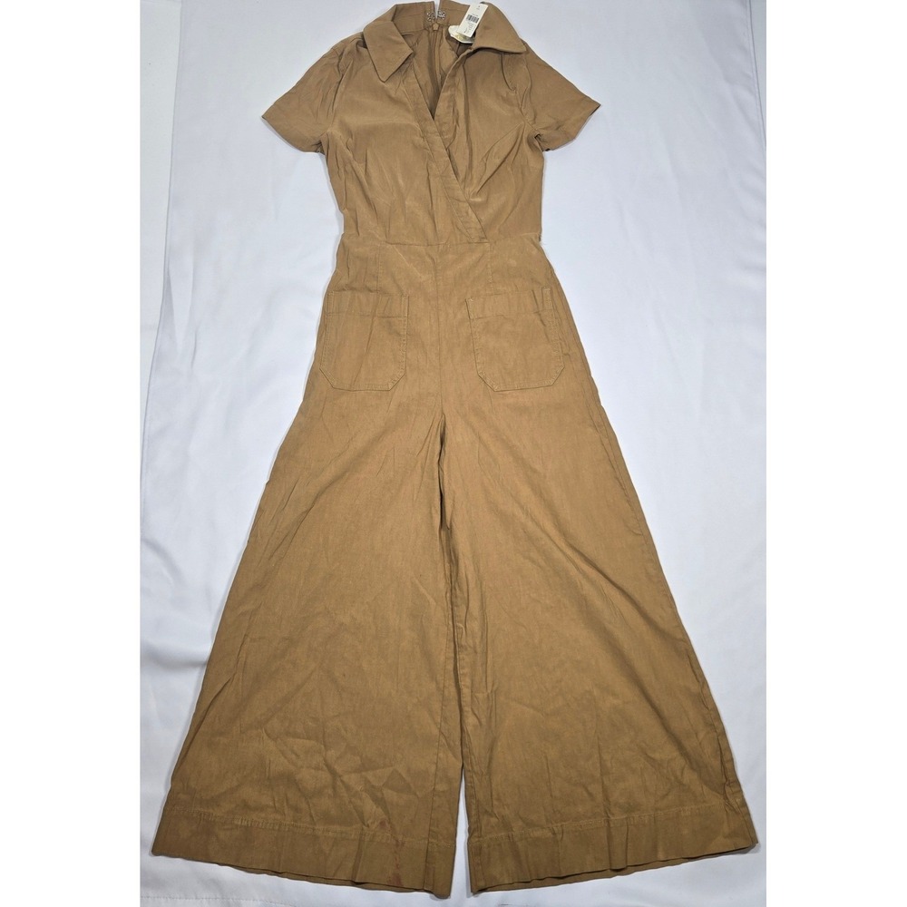 Maeve Anthropologie Jumpsuit 4 Honey Brown Linen Blend Wide Leg Cropped NWT Flaw